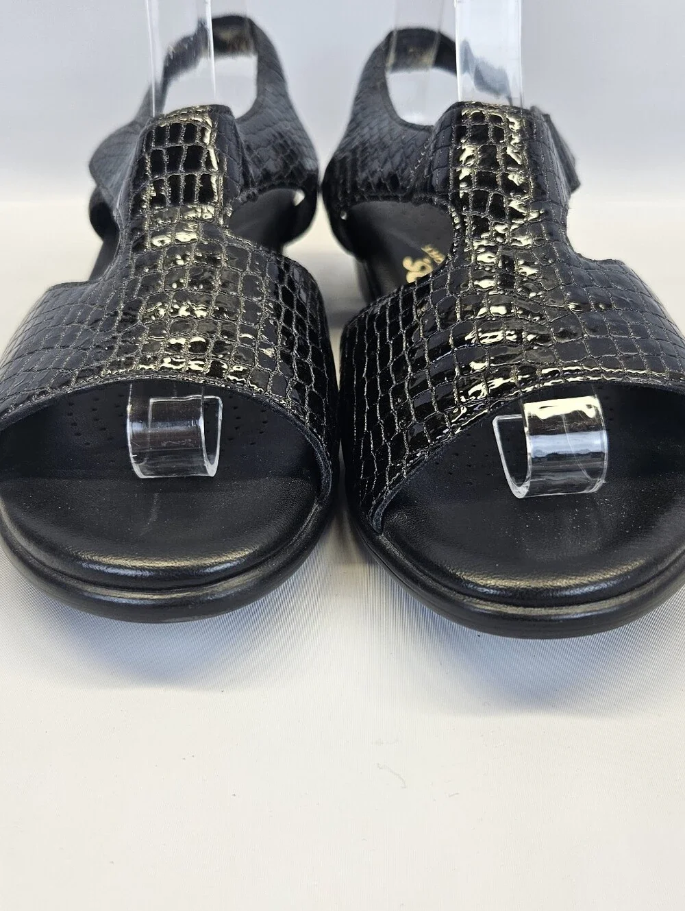 SAS Womens Suntimer Sandals 7.5 WIDE Black Patent Croc Block Heel Strap Shoes